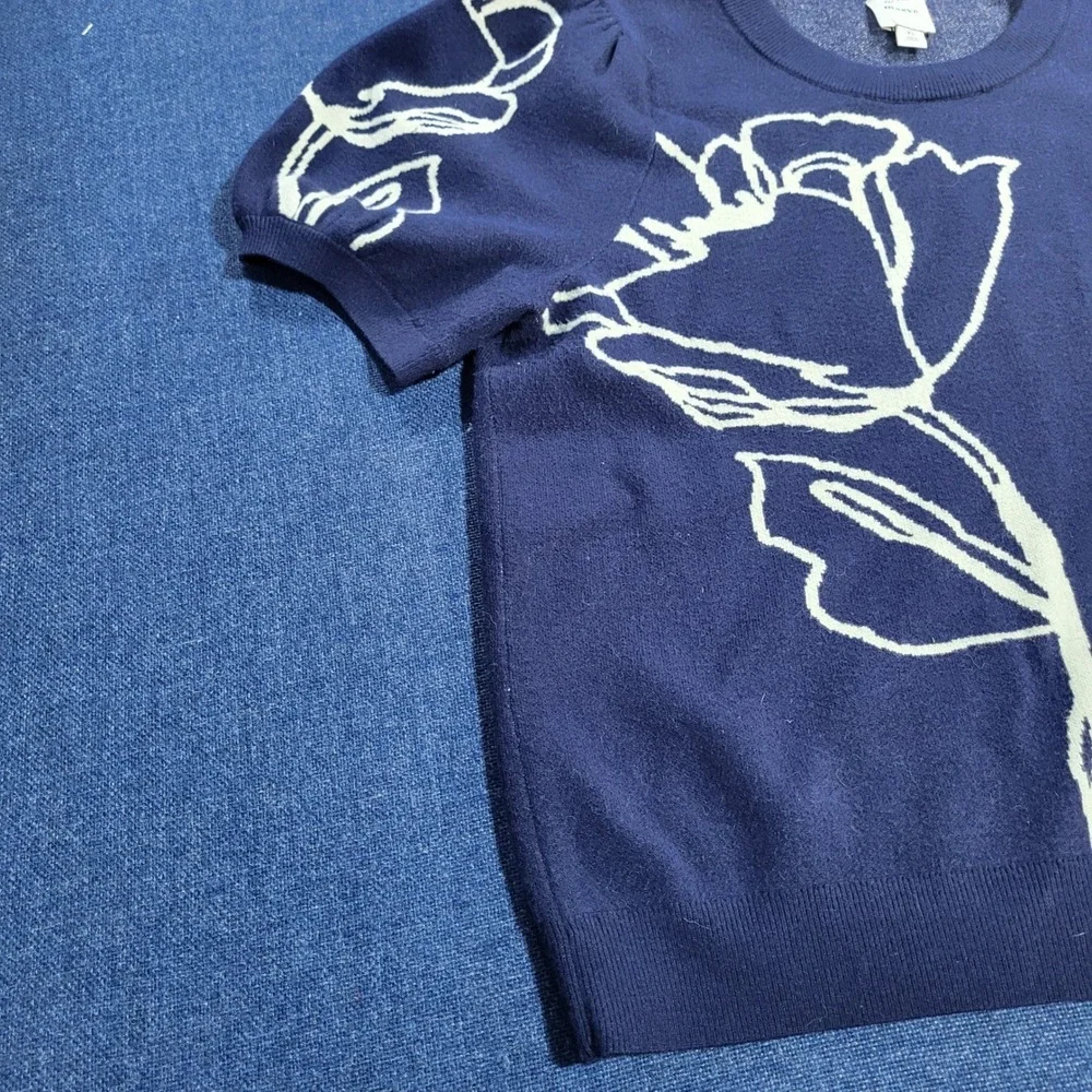 Maeve Anthropologie Maxine Puff-Sleeve Sweater Navy Blue Cream Floral Pattern XL - Picture 3 of 10